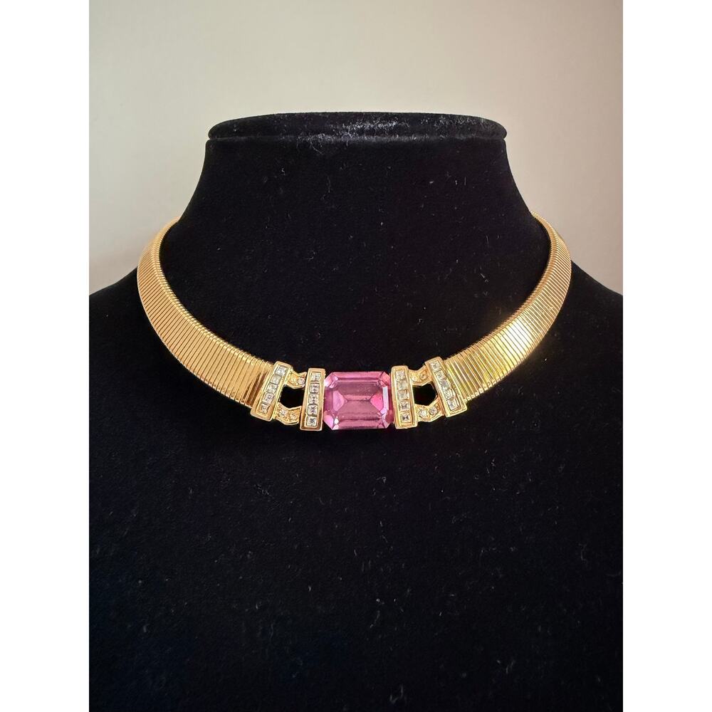 ELEGANT DIOR COUTURE PINK CRYSTAL RHINESTONES GOLDEN OMEGA CHAIN CHOKER NECKLACE